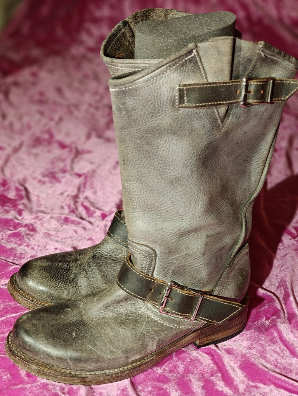 Freebird Crosby Gray Distressed Leather Mid-Calf Buckle Moto Harness Boots 9